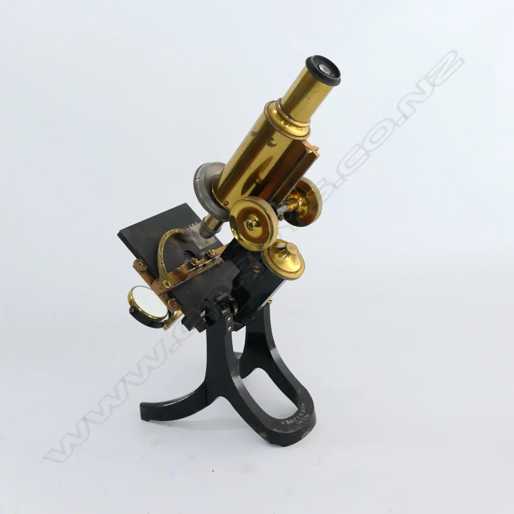 J.SWIFT & SON, LONDON BRASS COMPOUND MONOCULAR MICROSCOPE, w MECHANICAL STAGE, RAISED ON 'ENGLISH' BASE, IN MAHOG BOX Image 1++
